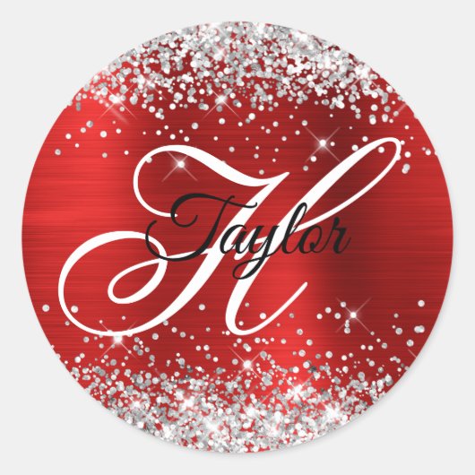Zilveren Glitter Rode Folie Fancy Monogram Ronde Sticker (Voorkant)