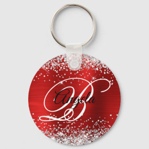 Zilveren Glitter Rode Folie Fancy Monogram Sleutelhanger