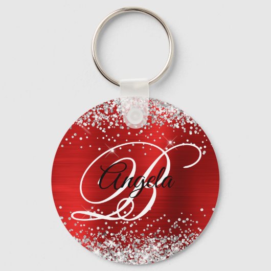 Zilveren Glitter Rode Folie Fancy Monogram Sleutelhanger (Voorkant)