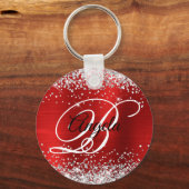 Zilveren Glitter Rode Folie Fancy Monogram Sleutelhanger (Voorkant)