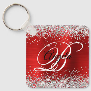 Zilveren Glitter Rode Folie Fancy Monogram Sleutelhanger