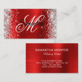 Zilveren Glitter Rode Folie Fancy Monogram Visitekaartje (Voorkant / Achterkant)
