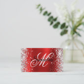 Zilveren Glitter Rode Folie Fancy Monogram Visitekaartje (Staand voorkant)