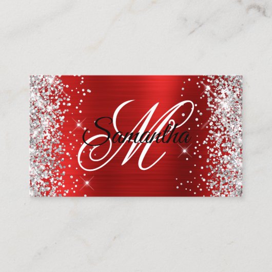 Zilveren Glitter Rode Folie Fancy Monogram Visitekaartje (Voorkant)