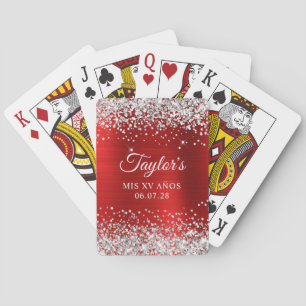 Zilveren Glitter Rode Folie Mis XV Anos Verjaardag Pokerkaarten