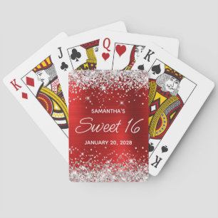 Zilveren Glitter Rode Folie Sweet 16 Favor Pokerkaarten