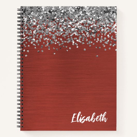 Zilveren Glitter Rode Geborstelde Metaal Monogram Notitieboek (Voorkant)
