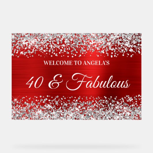 Zilveren Glitter Rood 40 & Fabulous Verjaardag Wel Acryl Bord (Voorkant)