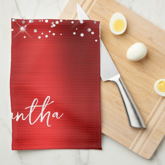 Zilveren Glitter Rood Glam Naam Theedoek (Quarter Fold)