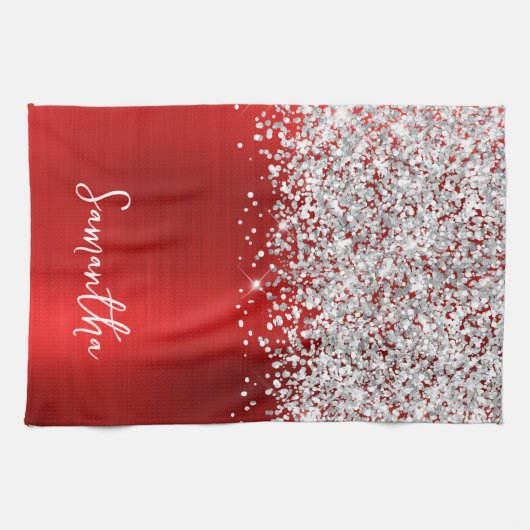 Zilveren Glitter Rood Glam Naam Theedoek (Horizontaal)
