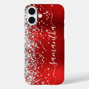 Zilveren Glitter Rood Metallic Girly Signature iPhone 16 Plus Hoesje