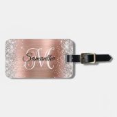 Zilveren Glitter Roos Goud Curly Monogram Bagagelabel (Voorkant horizontaal)