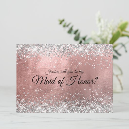 Zilveren Glitter Rose Goud Folie Bruidsmeisje Kaart (Staand voorkant)