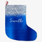 Zilveren Glitter Royal Blue Glam Naam Grote Kerstsok (Voorkant)