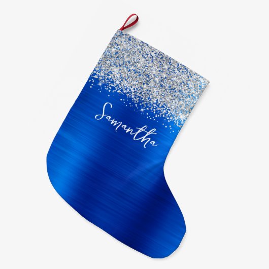 Zilveren Glitter Royal Blue Glam Naam Grote Kerstsok (Voorkant (Hangend))