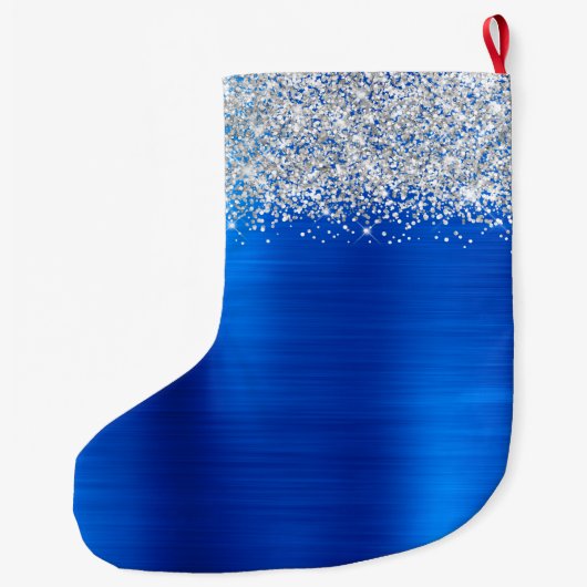 Zilveren Glitter Royal Blue Glam Naam Grote Kerstsok (Achterkant)