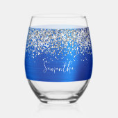 Zilveren Glitter Royal Blue Glam Naam Wijnglas Zonder Voet (Voorkant)
