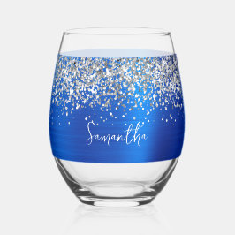 Zilveren Glitter Royal Blue Glam Naam Wijnglas Zonder Voet