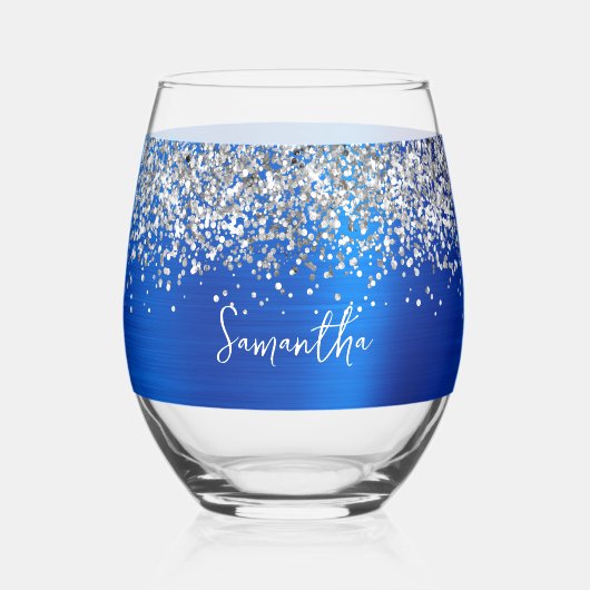 Zilveren Glitter Royal Blue Glam Naam Wijnglas Zonder Voet (Voorkant)