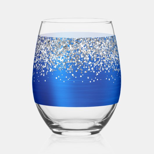 Zilveren Glitter Royal Blue Glam Naam Wijnglas Zonder Voet (Achterkant)