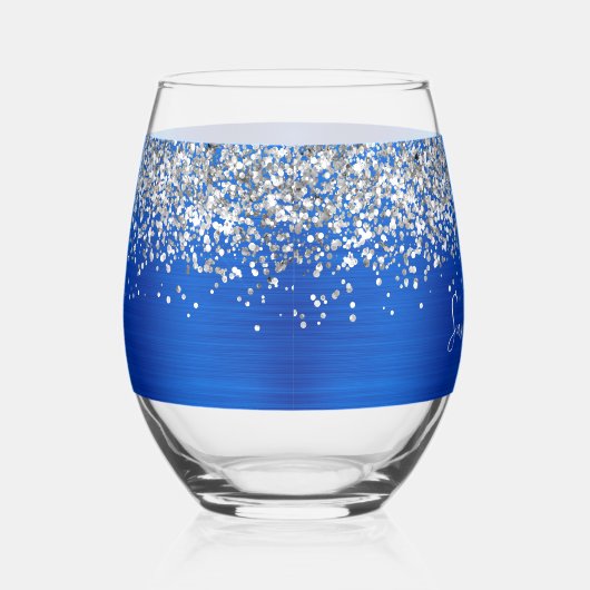 Zilveren Glitter Royal Blue Glam Naam Wijnglas Zonder Voet (Rechts)