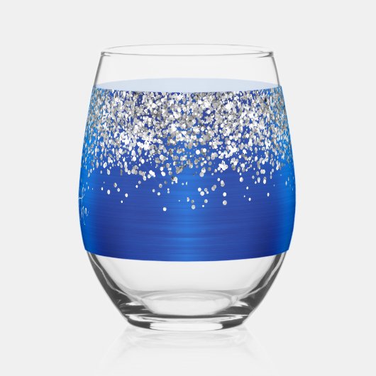 Zilveren Glitter Royal Blue Glam Naam Wijnglas Zonder Voet (Links)
