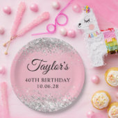 Zilveren Glitter Roze 40e Verjaardag Papieren Bordje (Feest)