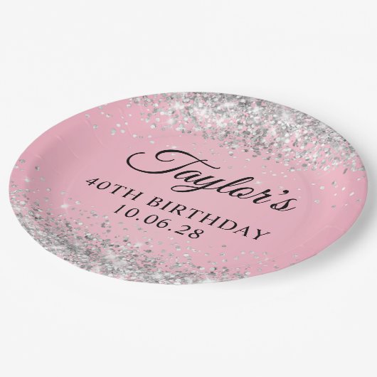 Zilveren Glitter Roze 40e Verjaardag Papieren Bordje (Gekanteld)