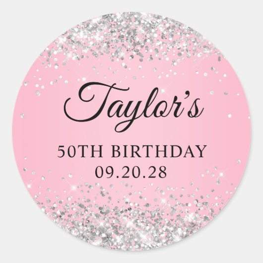 Zilveren Glitter Roze 50ste Verjaardag Ronde Sticker (Voorkant)