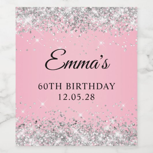 Zilveren Glitter Roze 60e Verjaardag Wijn Etiket (Enkel label)