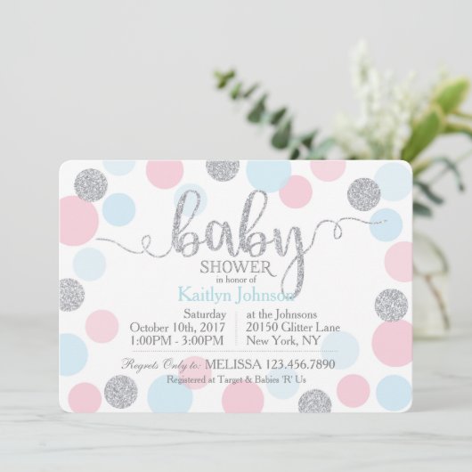 Zilveren Glitter Roze Blauwe Stippen Baby Shower Kaart (Staand voorkant)