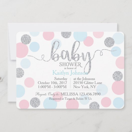 Zilveren Glitter Roze Blauwe Stippen Baby Shower Kaart (Voorkant)