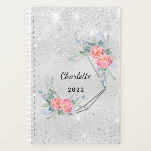 Zilveren glitter roze bloemen monogram 2026 planner (Voorkant)