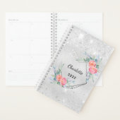 Zilveren glitter roze bloemen monogram 2026 planner (Display)