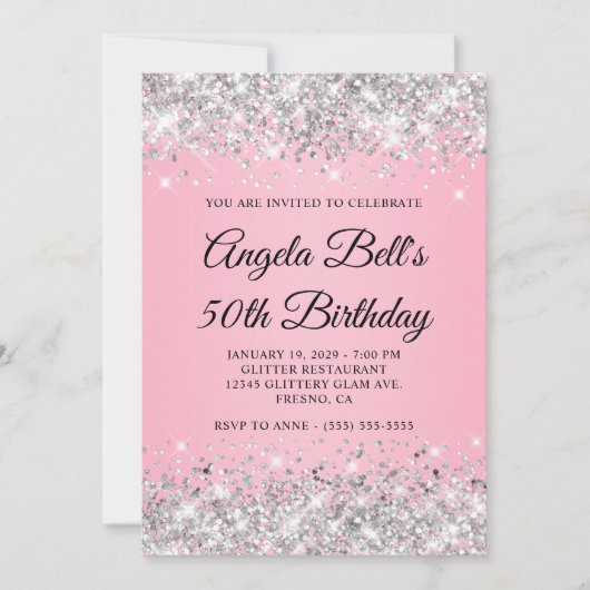 Zilveren Glitter Roze Fancy Monogram 50e Verjaarda Kaart (Voorkant)