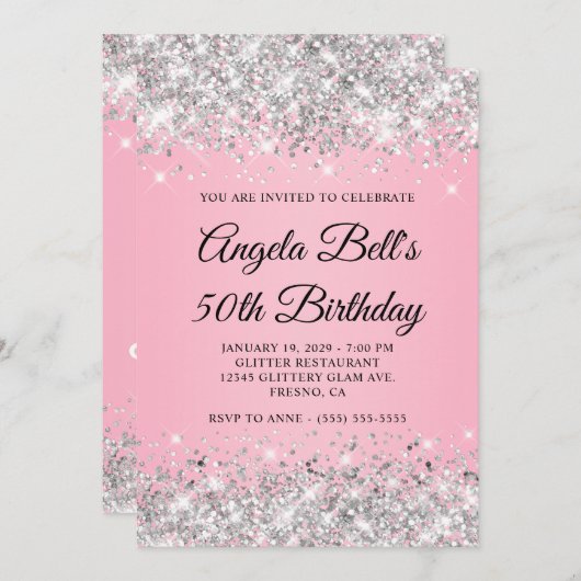 Zilveren Glitter Roze Fancy Monogram 50e Verjaarda Kaart (Voorkant / Achterkant)