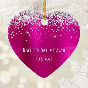 Zilveren Glitter Roze Folie Bat Mitzvah Keramisch Ornament