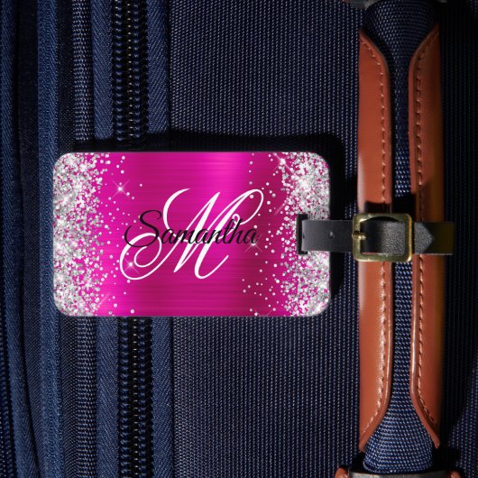 Zilveren Glitter Roze Folie Fancy Monogram Bagagelabel (Voorkant Insitu 4)