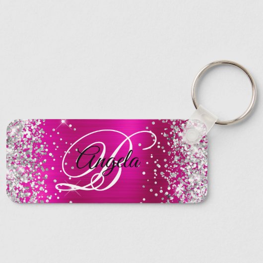 Zilveren Glitter Roze Folie Fancy Monogram Sleutelhanger (Voorkant)