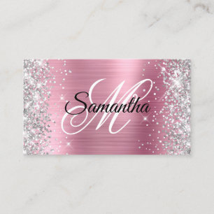 Zilveren Glitter Roze Folie Fancy Monogram Visitekaartje