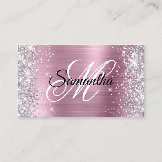 Zilveren Glitter Roze Folie Fancy Monogram Visitekaartje (Voorkant)