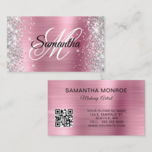 Zilveren Glitter Roze Folie Monogram QR Code Visitekaartje