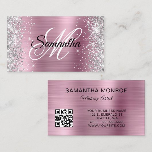 Zilveren Glitter Roze Folie Monogram QR Code Visitekaartje (Voorkant / Achterkant)