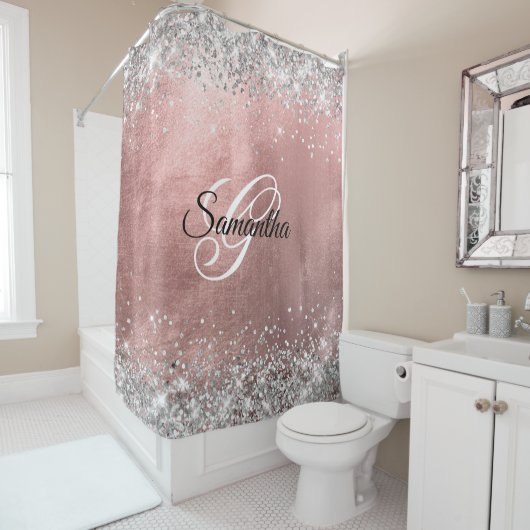 Zilveren Glitter Roze Gouden Folie Fancy Monogram Douchegordijn (In situ)