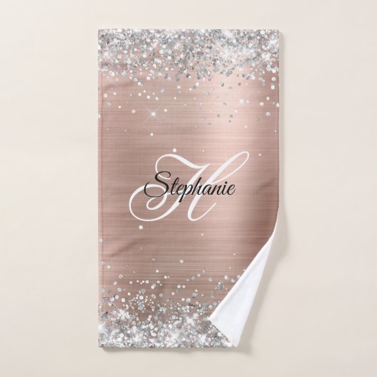 Zilveren Glitter Roze Gouden Folie Fancy Monogram Handdoek (Handdoek)