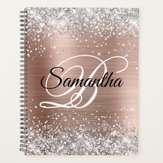 Zilveren Glitter Roze Gouden Folie Fancy Monogram Planner (Voorkant)