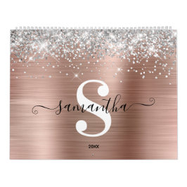 Zilveren Glitter Roze Gouden Folie Monogram Foto Kalender