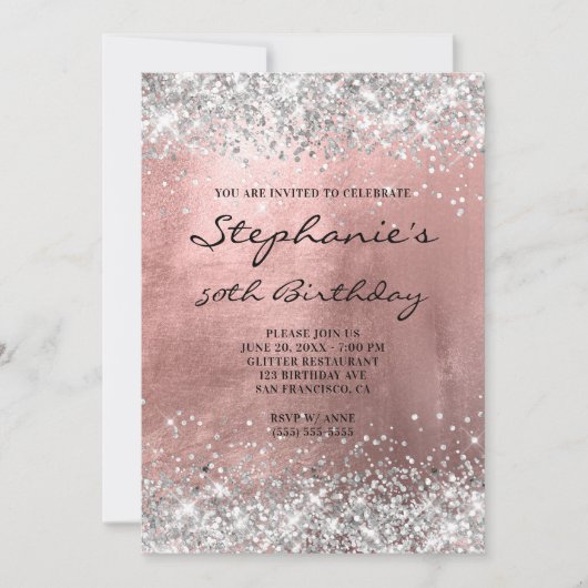 Zilveren Glitter Roze Gouden Folie Monogram Verjaa Kaart (Voorkant)