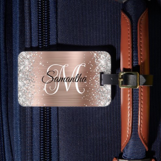 Zilveren Glitter Roze Gouden Kromme Monogram Bagagelabel (Voorkant Insitu 4)