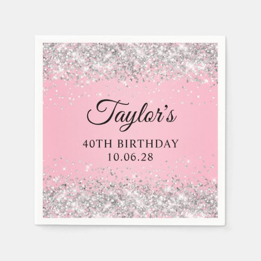 Zilveren Glitter Roze Ombre 40e Verjaardag Servet (Voorkant)
